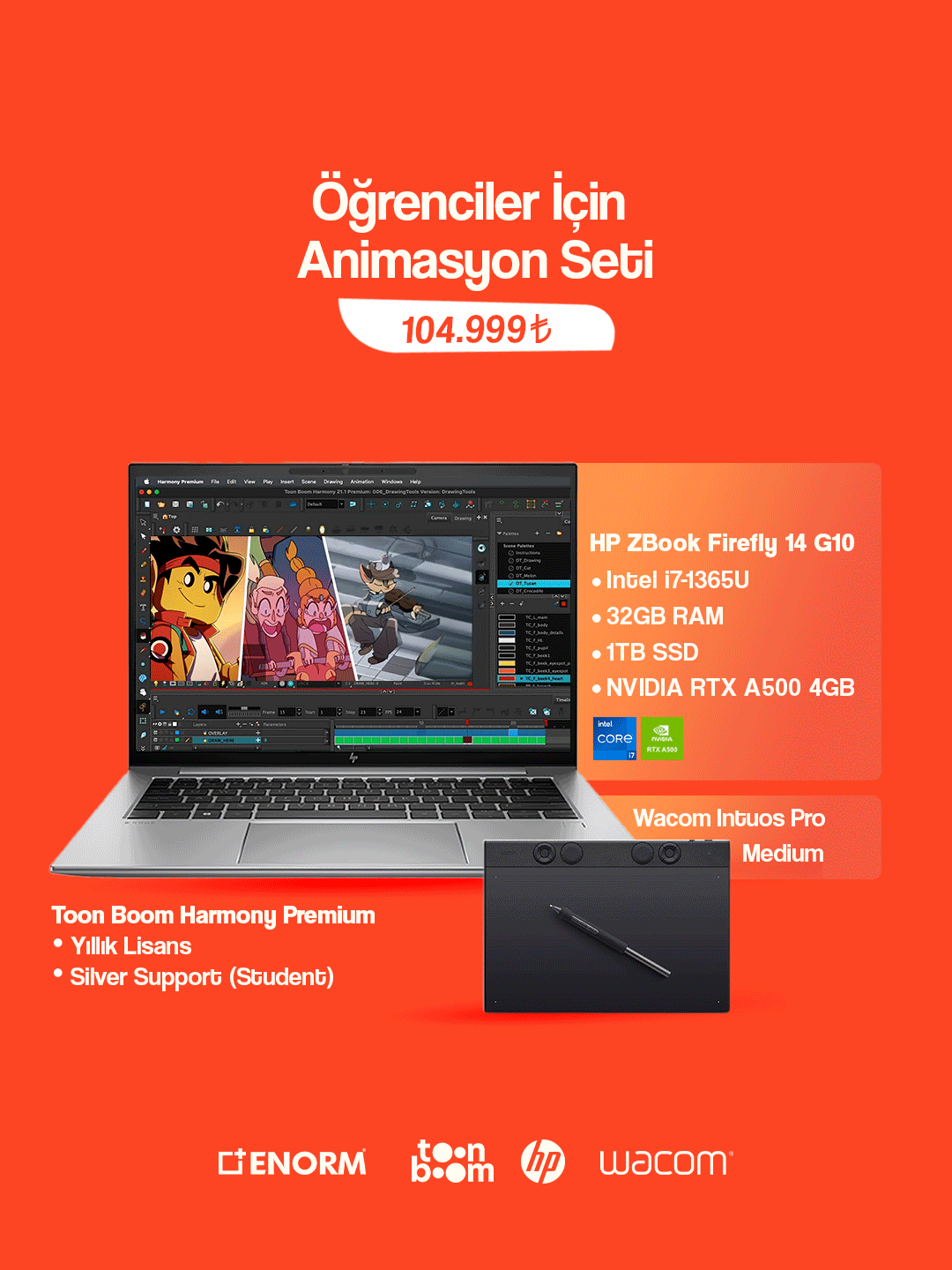 Öğrenciler için Animasyon Seti - ToonBoom Harmony + Wacom Intuos Pro + HP Zbook Firefly 14 G10