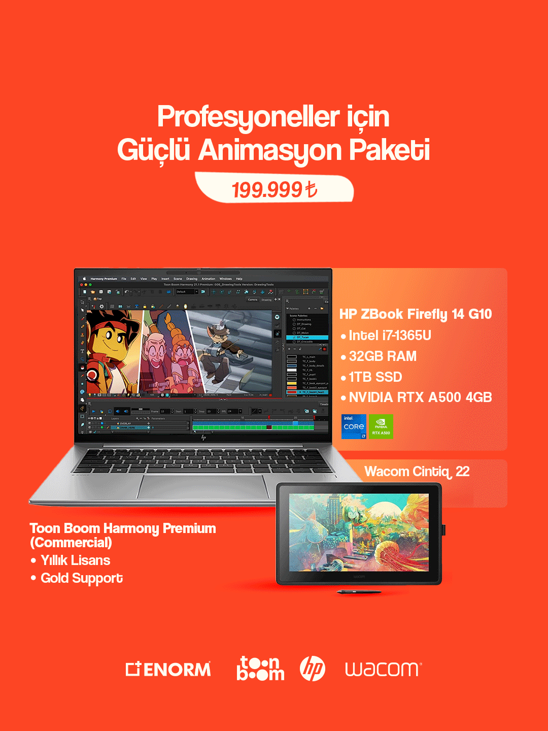 Profesyoneller için Animasyon Paketi - ToonBoom Harmony + Wacom Cintiq 22 + HP Zbook Firefly 14 G10